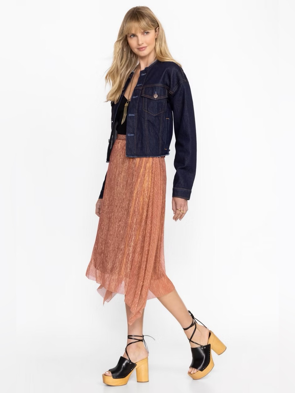 Metallic Copper Pleated Midi Skirt - Women's